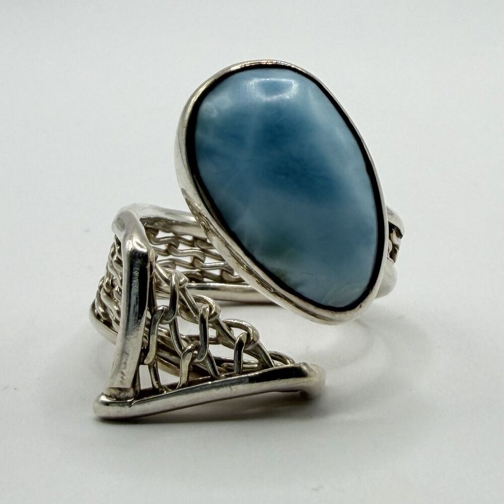 Signed Peรฑa Larimar 925 Sterling Silver Adjustable Ring Filigree Statement